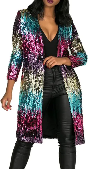 - 610 - Long Sleeves Full Sequins Open Front Duster Cardigan Cover-up Jacket Coat