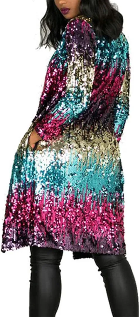 - 610 - Long Sleeves Full Sequins Open Front Duster Cardigan Cover-up Jacket Coat