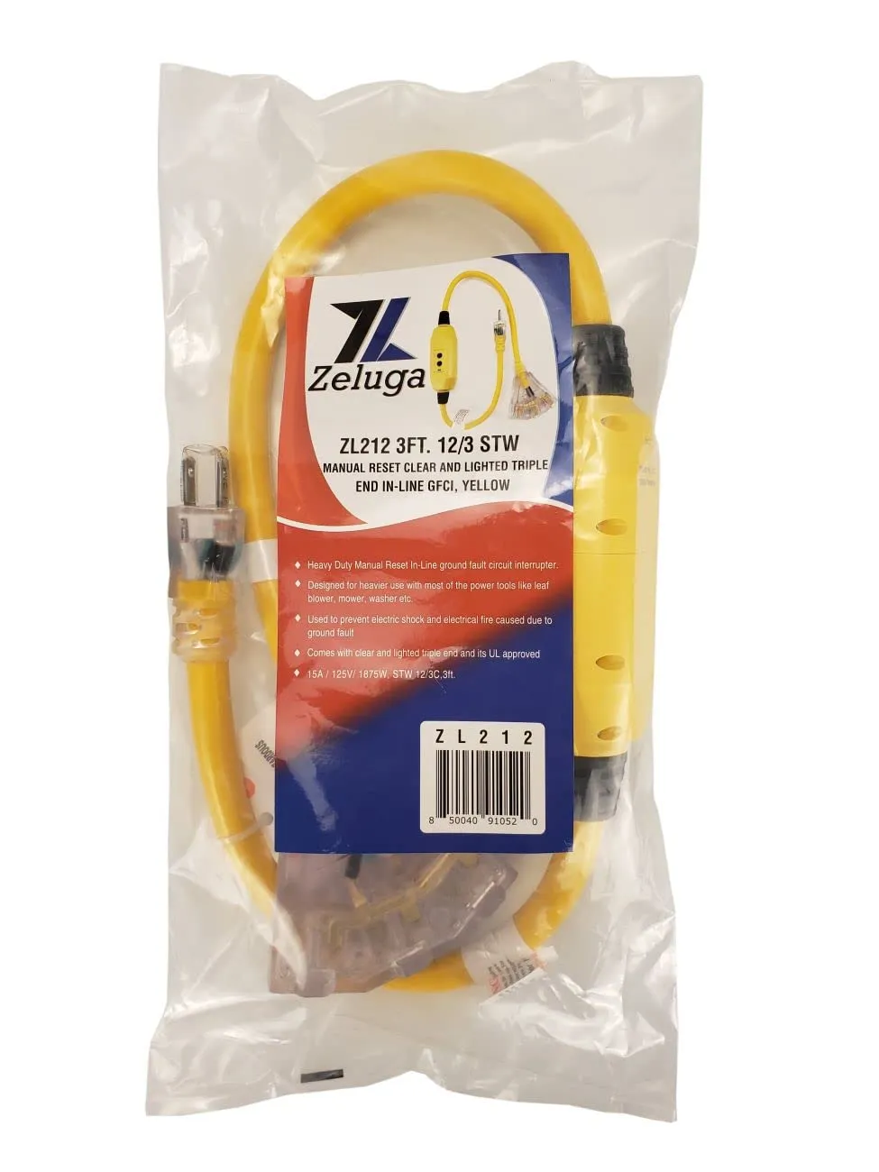 12-212 3ft. Outdoor/Indoor 12/3 STW Heavy Duty Manual Reset Clear and Lighted Tri-Tap End 15-Amp GFCI Power Block, Yellow