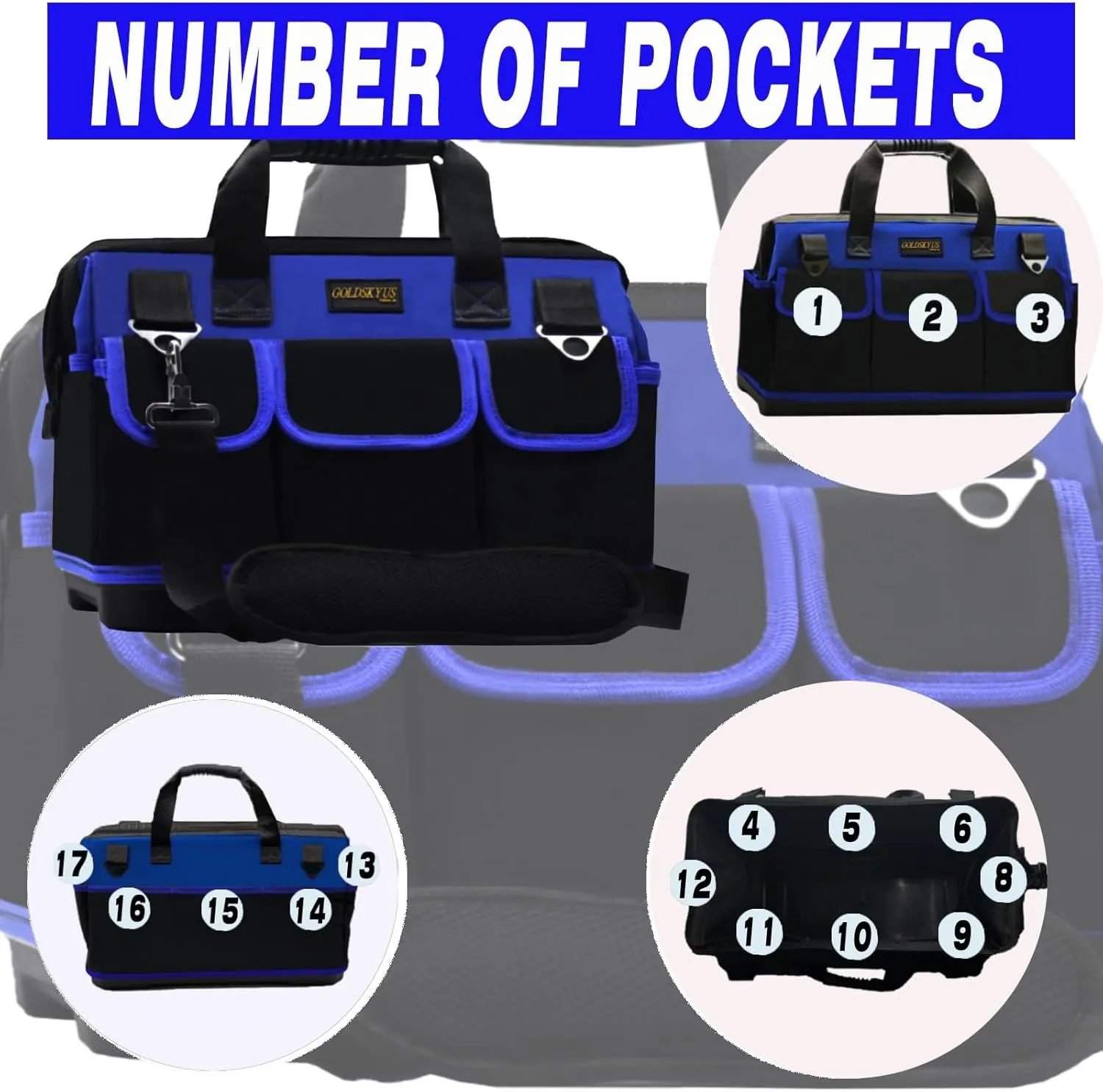 15IN Waterproof Tool Tote, Heavy Duty Bag With Shoulder Strap For Storage (Blue-15Inch)