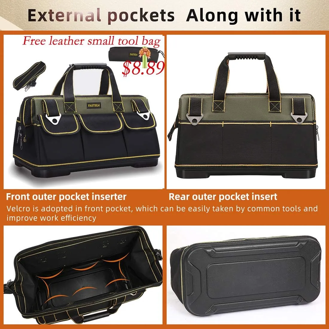 17-inch Wide Mouth Tool Bag with Water Proof Molded Base，Wide Mouth Tool Tote Bag,Waterproof Tool Organizer Bag for Men with Adjustable Shoulder Strap (17 inch)