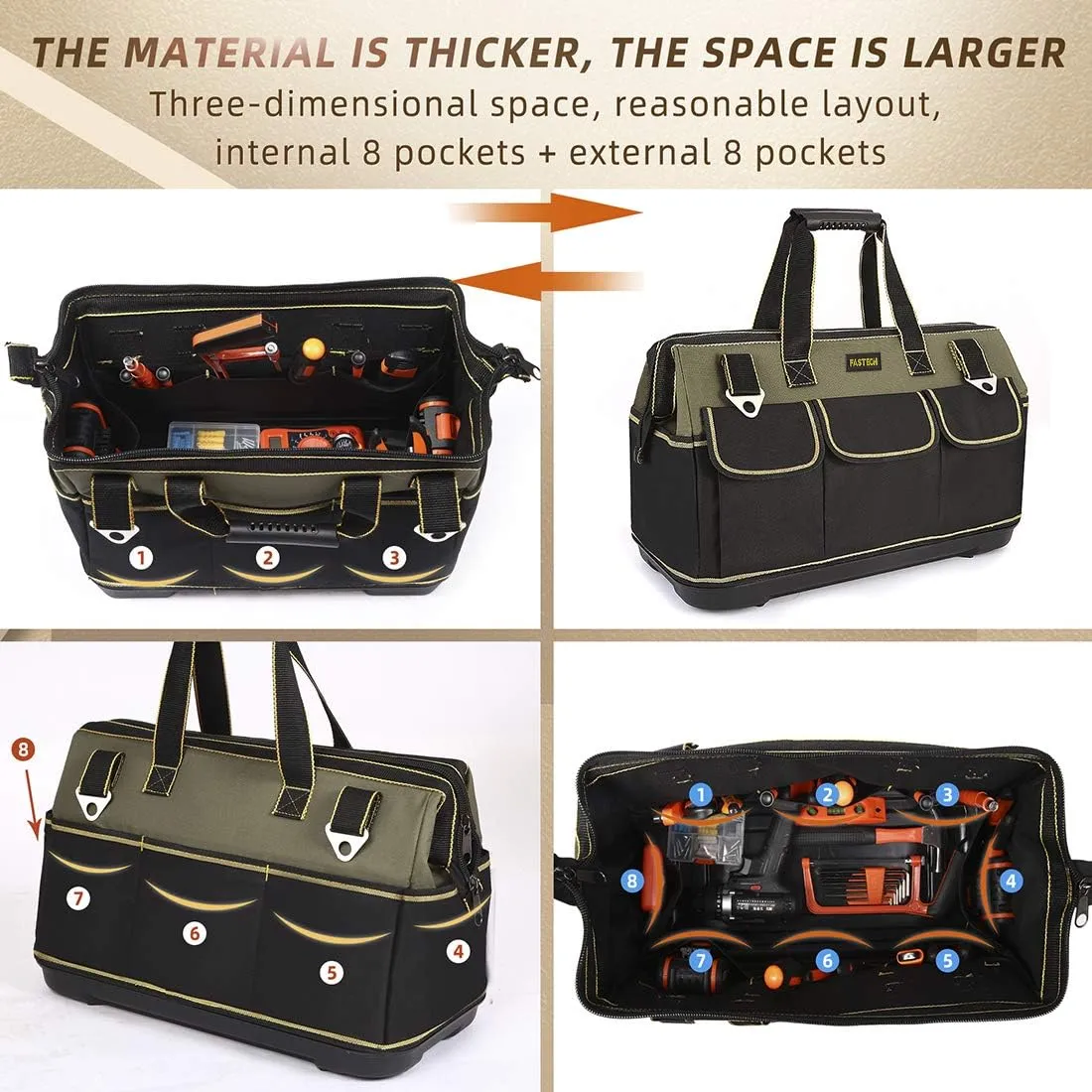 17-inch Wide Mouth Tool Bag with Water Proof Molded Base，Wide Mouth Tool Tote Bag,Waterproof Tool Organizer Bag for Men with Adjustable Shoulder Strap (17 inch)