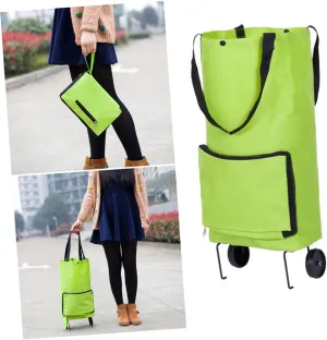 1Pc Folding Shopping Cart Bag Collapsible Tugboat Grocery Tote with Wheels Portable Oxford Cloth Market Trolley for Shopping Travel and Picnics Green