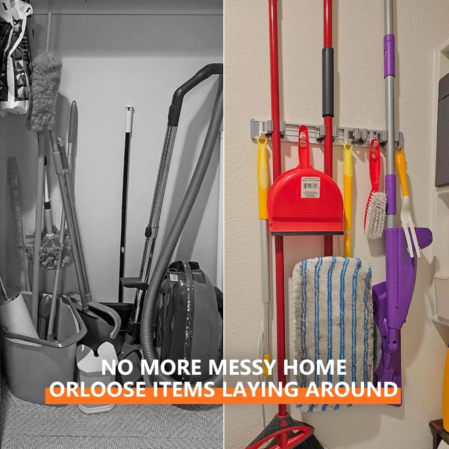2 Pack Broom Holder Wall Mount Mop and Broom Hanger Wall Mounted Garage Storage Rack Kitchen Garden Tool Organizer (5 Racks with 4 Hooks, Silver)