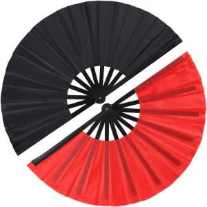 2 Pack Large Folding Hand Fan for Men/Women, Vintage Retro Fabric Fans, Chinese Kung Fu Tai Chi Hand Fan for Festival, Dance, Gift, Performance, Decorations (Black&Red)