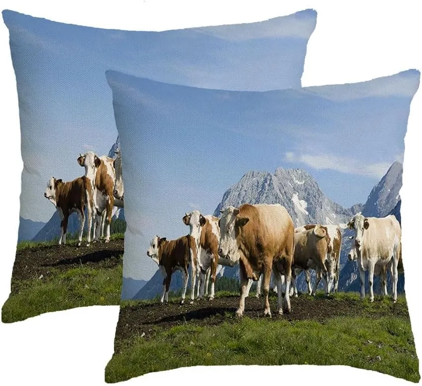 2 Packs Waterproof Linen Throw Pillow Cover, 12 x 20 Inch Alps Cattle On Pasture European Alpine Region Animals Wildlife Cows Nature Grass Field Grazing Cushion Case Decoration for Sofa Couch