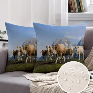 2 Packs Waterproof Linen Throw Pillow Cover, 12 x 20 Inch Alps Cattle On Pasture European Alpine Region Animals Wildlife Cows Nature Grass Field Grazing Cushion Case Decoration for Sofa Couch
