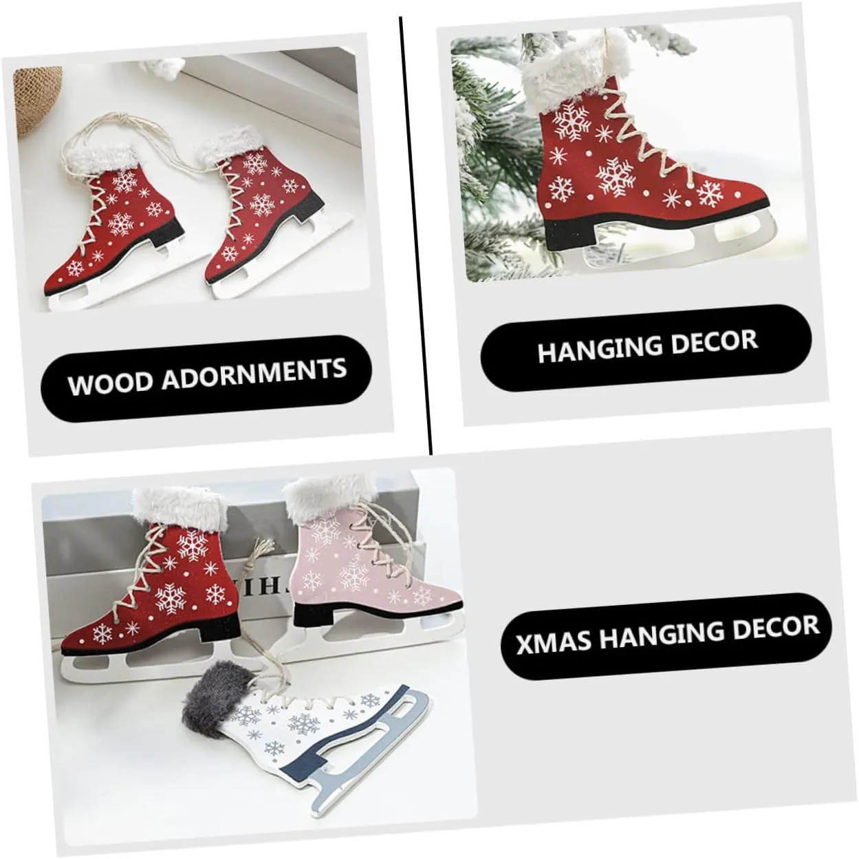 2 Pcs Christmas Boot Skates Decorations Wooden Ice Skating Boot Ornaments for Xmas Party Hanging Decor