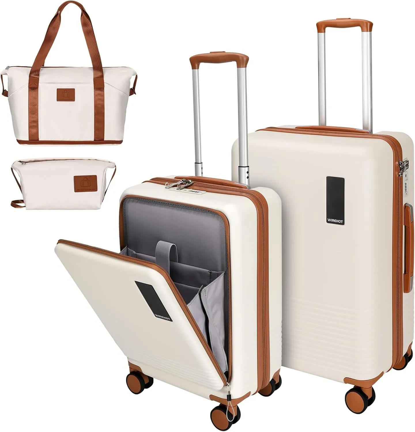 2 Piece Luggage Sets with Spinner Wheels Front Open Pocket, ABS PC Suitcase with TSA Lock & YKK Zipper, Carry On 20/24 inch Medium  Toiletry Bag Handbag, Apricot Off White