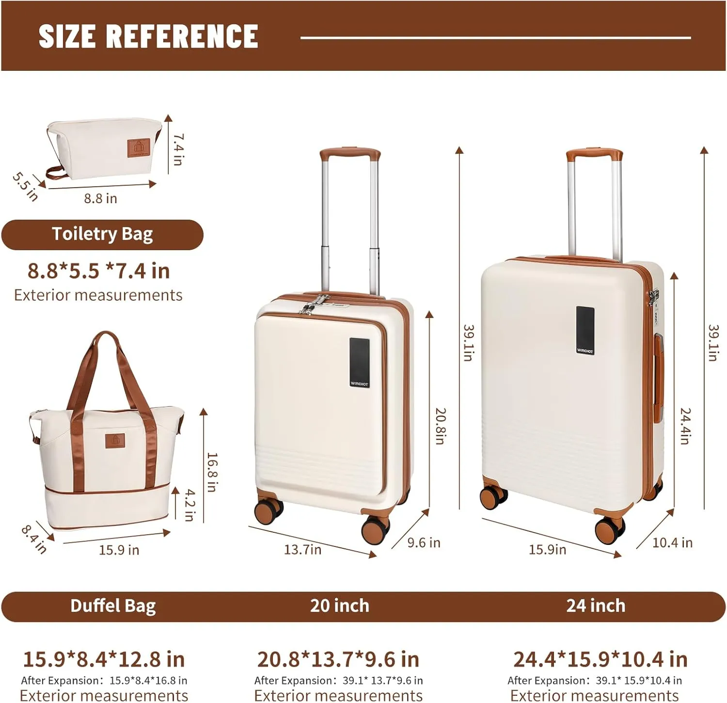 2 Piece Luggage Sets with Spinner Wheels Front Open Pocket, ABS PC Suitcase with TSA Lock & YKK Zipper, Carry On 20/24 inch Medium  Toiletry Bag Handbag, Apricot Off White