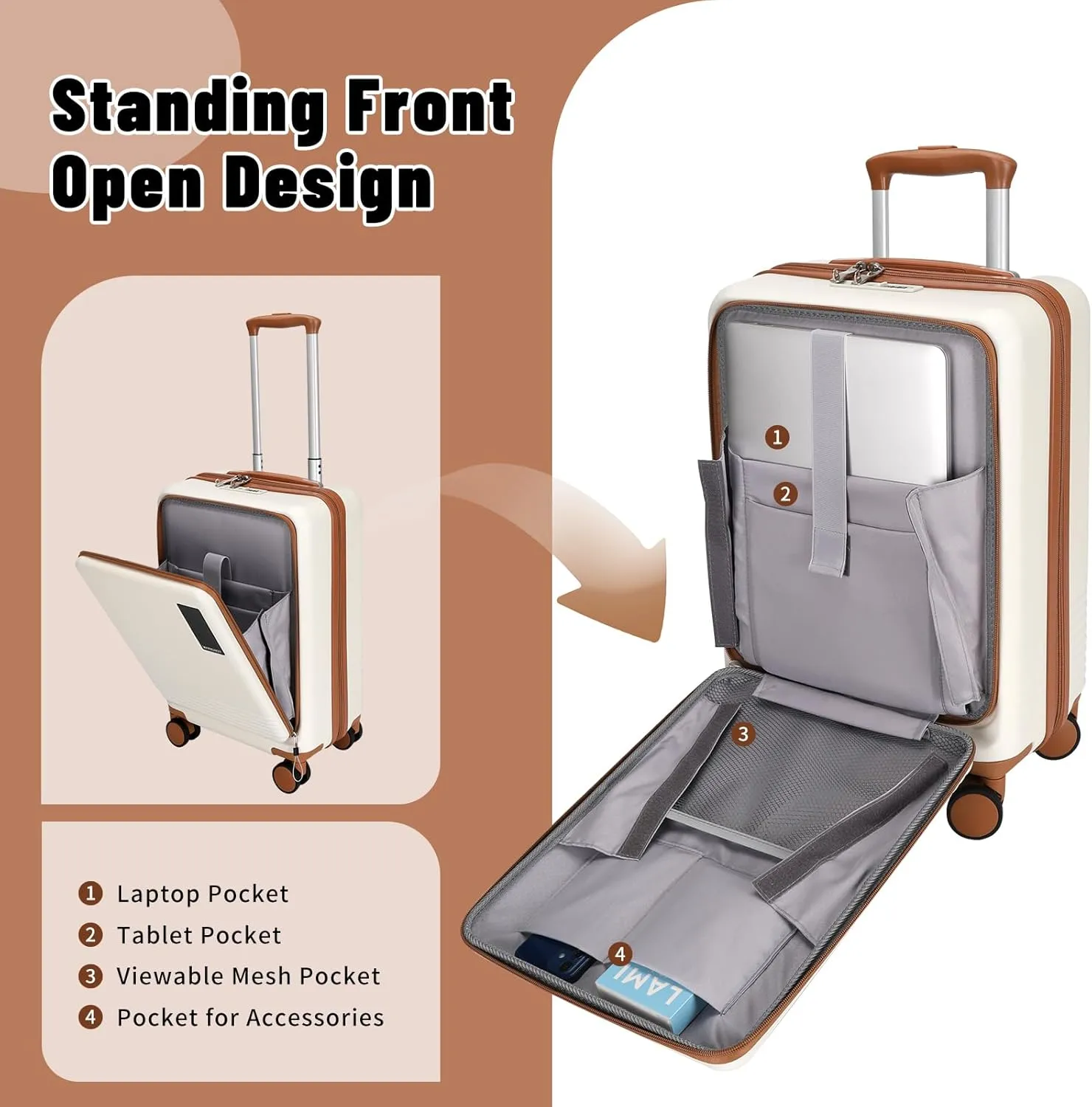 2 Piece Luggage Sets with Spinner Wheels Front Open Pocket, ABS PC Suitcase with TSA Lock & YKK Zipper, Carry On 20/24 inch Medium  Toiletry Bag Handbag, Apricot Off White