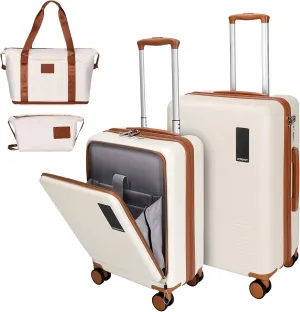 2 Piece Luggage Sets with Spinner Wheels Front Open Pocket, ABS PC Suitcase with TSA Lock & YKK Zipper, Carry On 20/24 inch Medium  Toiletry Bag Handbag, Apricot Off White