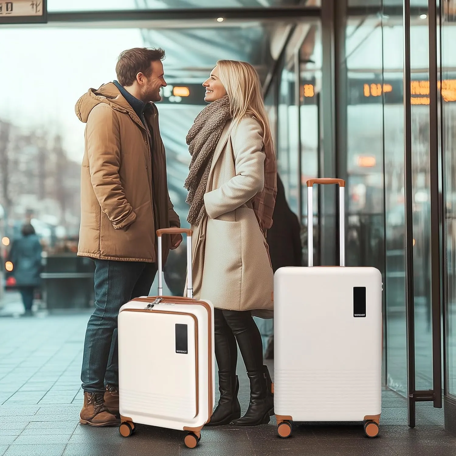2 Piece Luggage Sets with Spinner Wheels Front Open Pocket, ABS PC Suitcase with TSA Lock & YKK Zipper, Carry On 20/24 inch Medium  Toiletry Bag Handbag, Apricot Off White