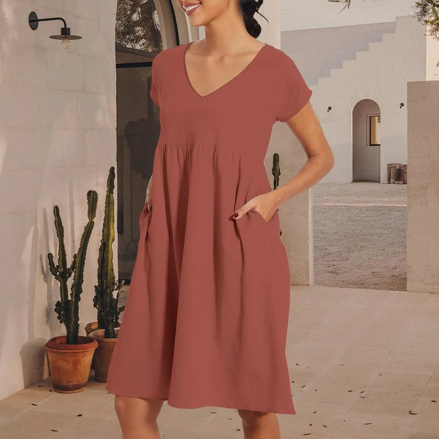 2025 Summer Dresses for Women V Neck Comfortable Cotton Short Sleeves Casual Shift Dresses for
