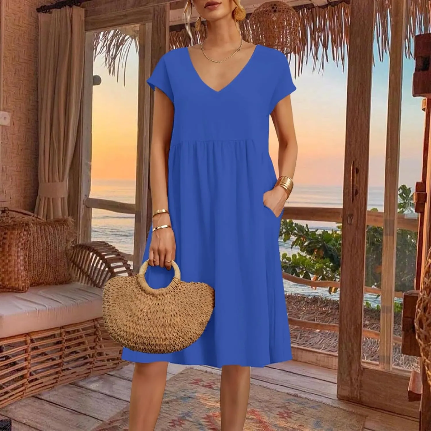 2025 Summer Dresses for Women V Neck Comfortable Cotton Short Sleeves Casual Shift Dresses for