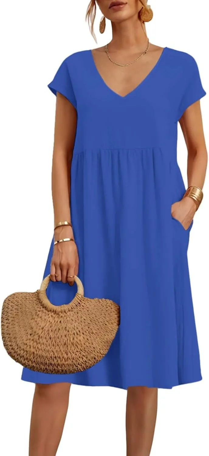 2025 Summer Dresses for Women V Neck Comfortable Cotton Short Sleeves Casual Shift Dresses for