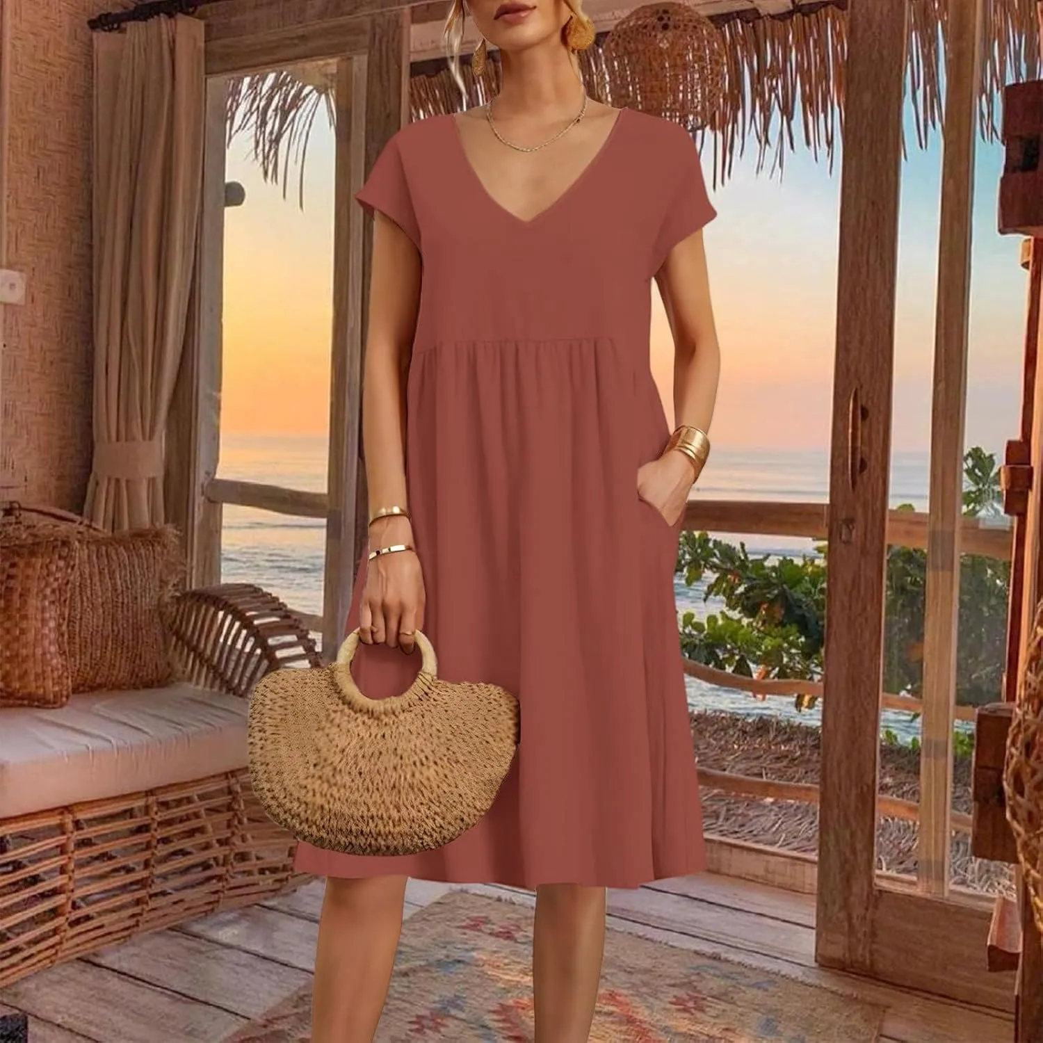 2025 Summer Dresses for Women V Neck Comfortable Cotton Short Sleeves Casual Shift Dresses for