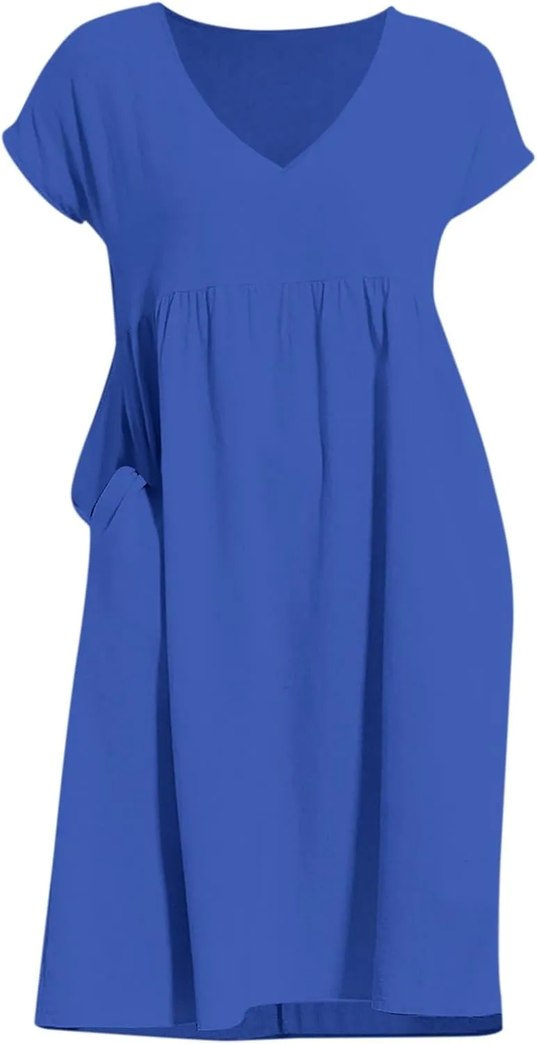 2025 Summer Dresses for Women V Neck Comfortable Cotton Short Sleeves Casual Shift Dresses for
