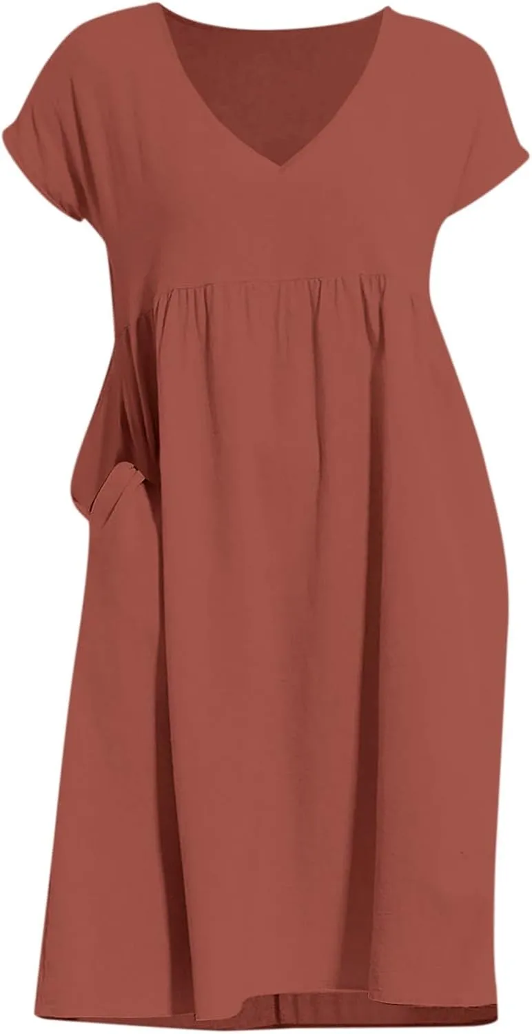 2025 Summer Dresses for Women V Neck Comfortable Cotton Short Sleeves Casual Shift Dresses for