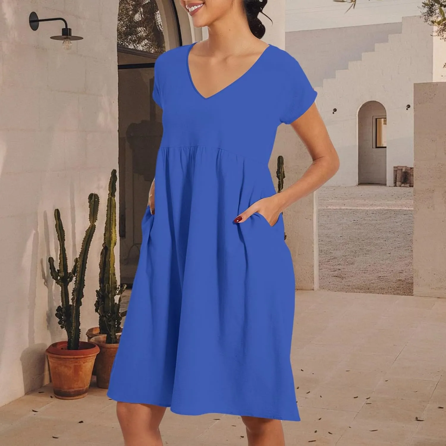 2025 Summer Dresses for Women V Neck Comfortable Cotton Short Sleeves Casual Shift Dresses for