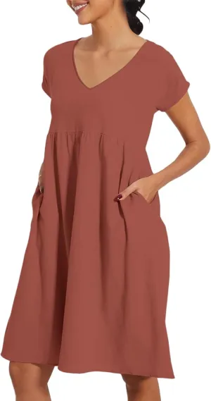 2025 Summer Dresses for Women V Neck Comfortable Cotton Short Sleeves Casual Shift Dresses for