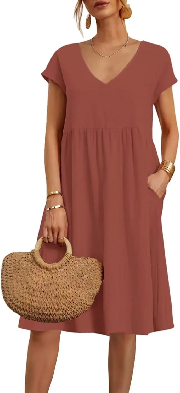 2025 Summer Dresses for Women V Neck Comfortable Cotton Short Sleeves Casual Shift Dresses for