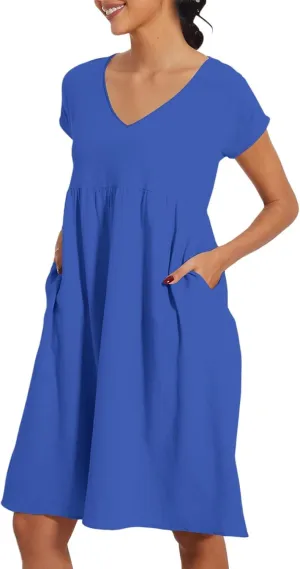 2025 Summer Dresses for Women V Neck Comfortable Cotton Short Sleeves Casual Shift Dresses for