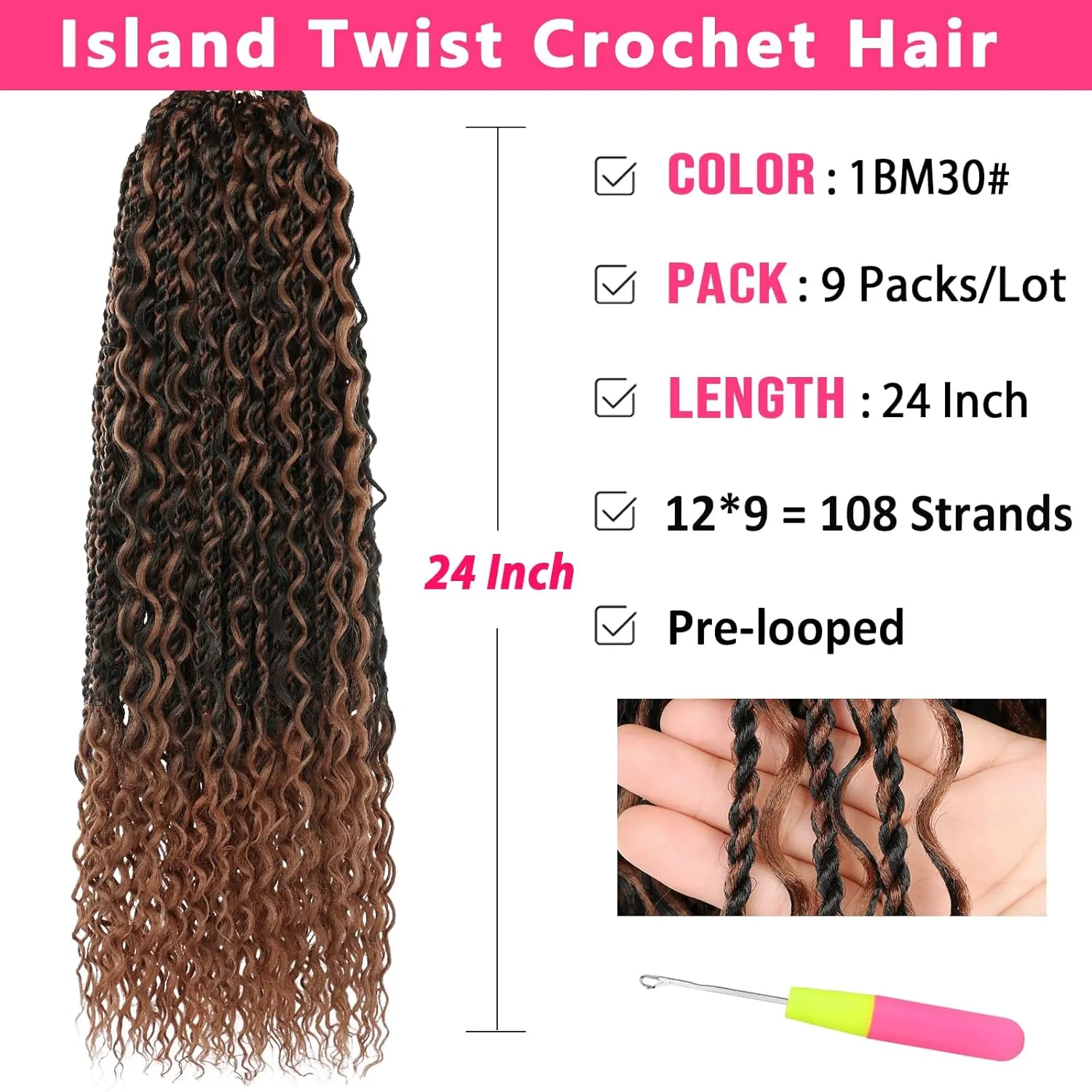 24 Inch Island Twist Crochet Hair with Curls 9 Packs Black Mix Brown Boho Senegalese Twist Crochet Braids for Black Women Pre-Looped Boho Soft Twist Braids Synthetic Hair Extensions 1BM30#