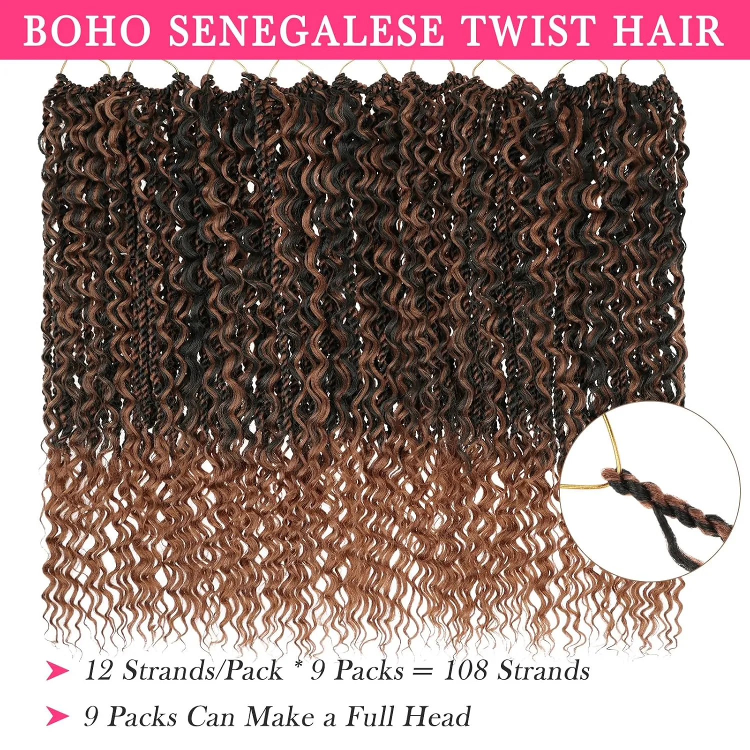 24 Inch Island Twist Crochet Hair with Curls 9 Packs Black Mix Brown Boho Senegalese Twist Crochet Braids for Black Women Pre-Looped Boho Soft Twist Braids Synthetic Hair Extensions 1BM30#