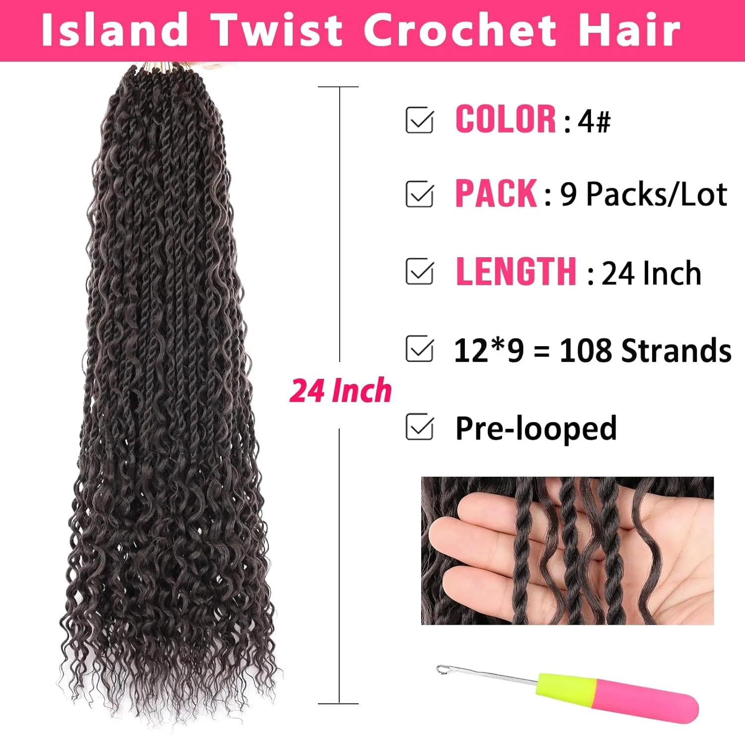 24 Inch Senegalese Twist Crochet Braids with Curly Ends 9 Packs Pre-Looped Boho Island Twist Crochet Hair with Curls Goddess Boho Box Braids for Women Synthetic Braiding Hair Extensions 4#