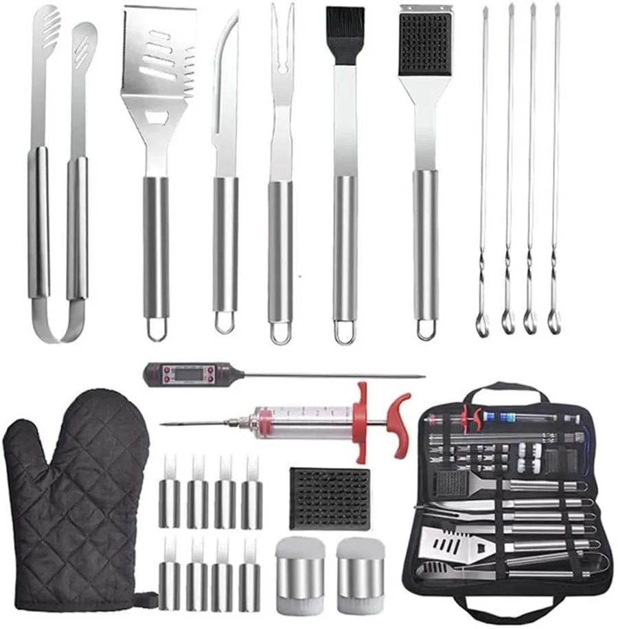 25pcs Stainless Steel Oxford Cloth Bag BBQ Grill Accessories Barbecue Tool Set Silver B022 Grilling tool sets