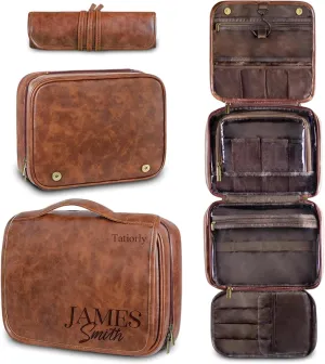 3-in-1 Large Personalized Toiletry Bag For Men, Father's Day gift Custom Groomsmen Gifts Hanging Travel Organizer Bag, Laser Engraved Name Monogram Shaving Kit Gift For Him Husband Dad Brown