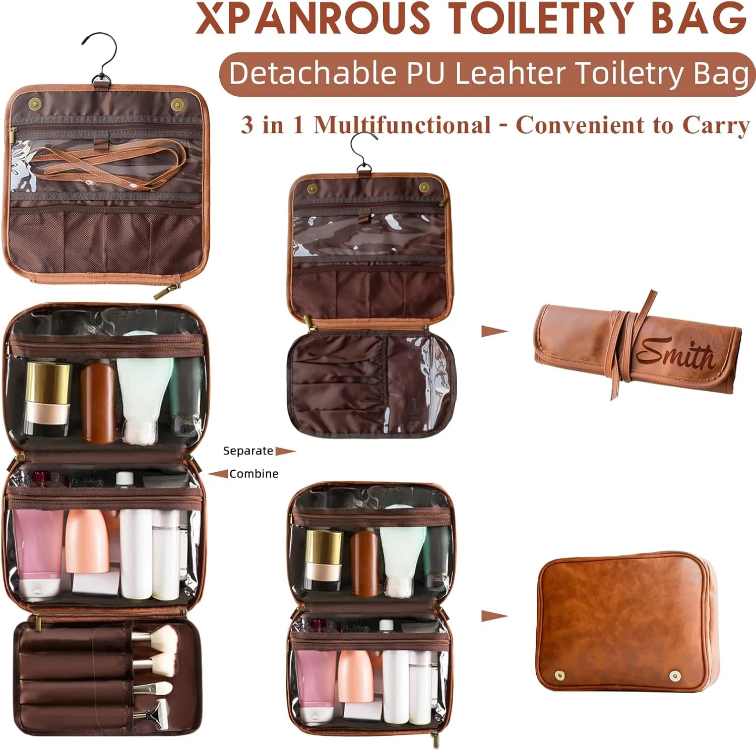 3-in-1 Large Personalized Toiletry Bag For Men, Father's Day gift Custom Groomsmen Gifts Hanging Travel Organizer Bag, Laser Engraved Name Monogram Shaving Kit Gift For Him Husband Dad Brown