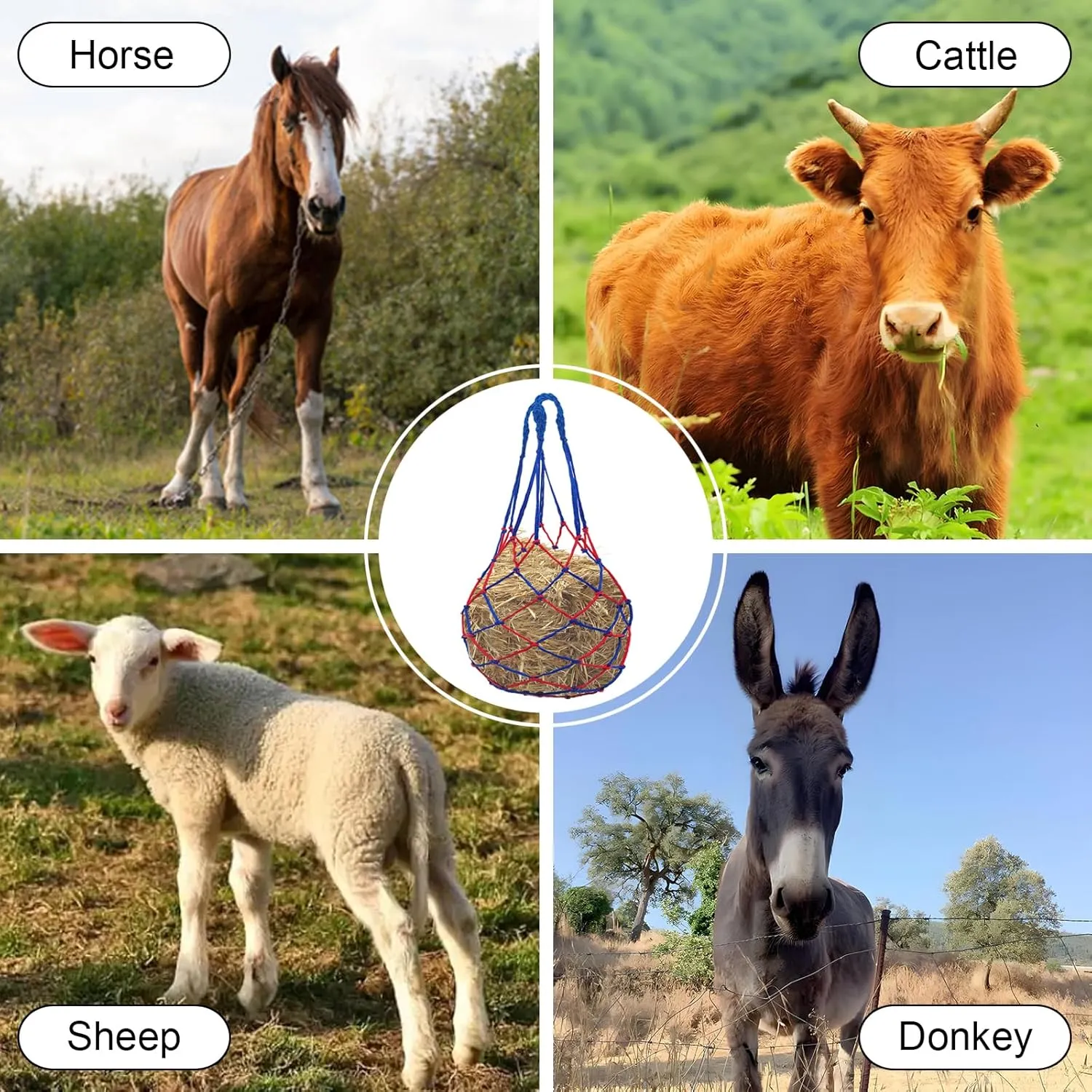 3 PCS Slow Feed Hay Bag Hay Net for Horses,Goats,Sheep,Donkey 33 Inch Length with 3 x 3”Mesh Holes Livestock Supplies Hanging Hay Nets for Trailer and Stall (Blue Red)