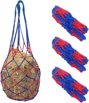 3 PCS Slow Feed Hay Bag Hay Net for Horses,Goats,Sheep,Donkey 33 Inch Length with 3 x 3”Mesh Holes Livestock Supplies Hanging Hay Nets for Trailer and Stall (Blue Red)