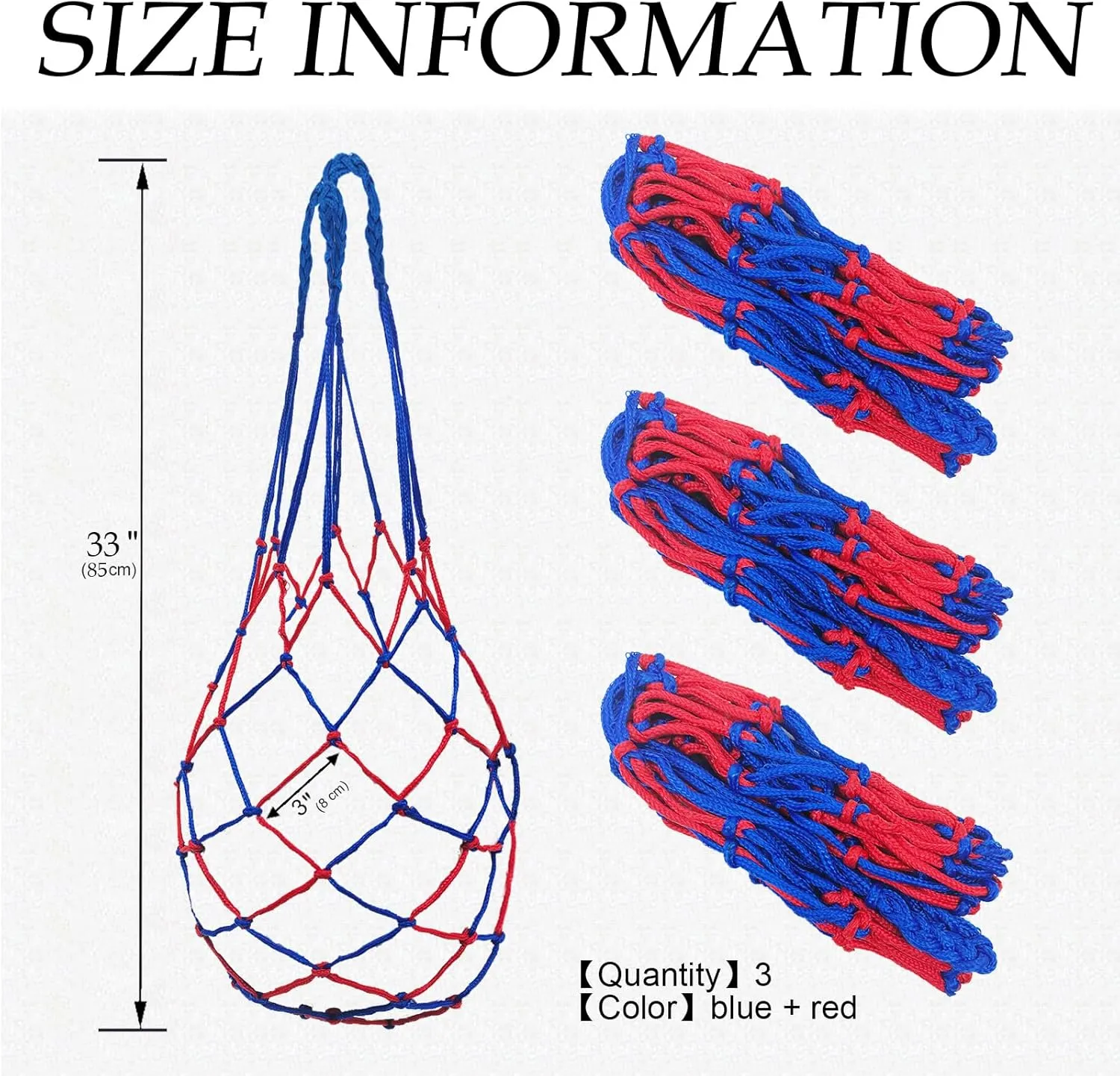 3 PCS Slow Feed Hay Bag Hay Net for Horses,Goats,Sheep,Donkey 33 Inch Length with 3 x 3”Mesh Holes Livestock Supplies Hanging Hay Nets for Trailer and Stall (Blue Red)