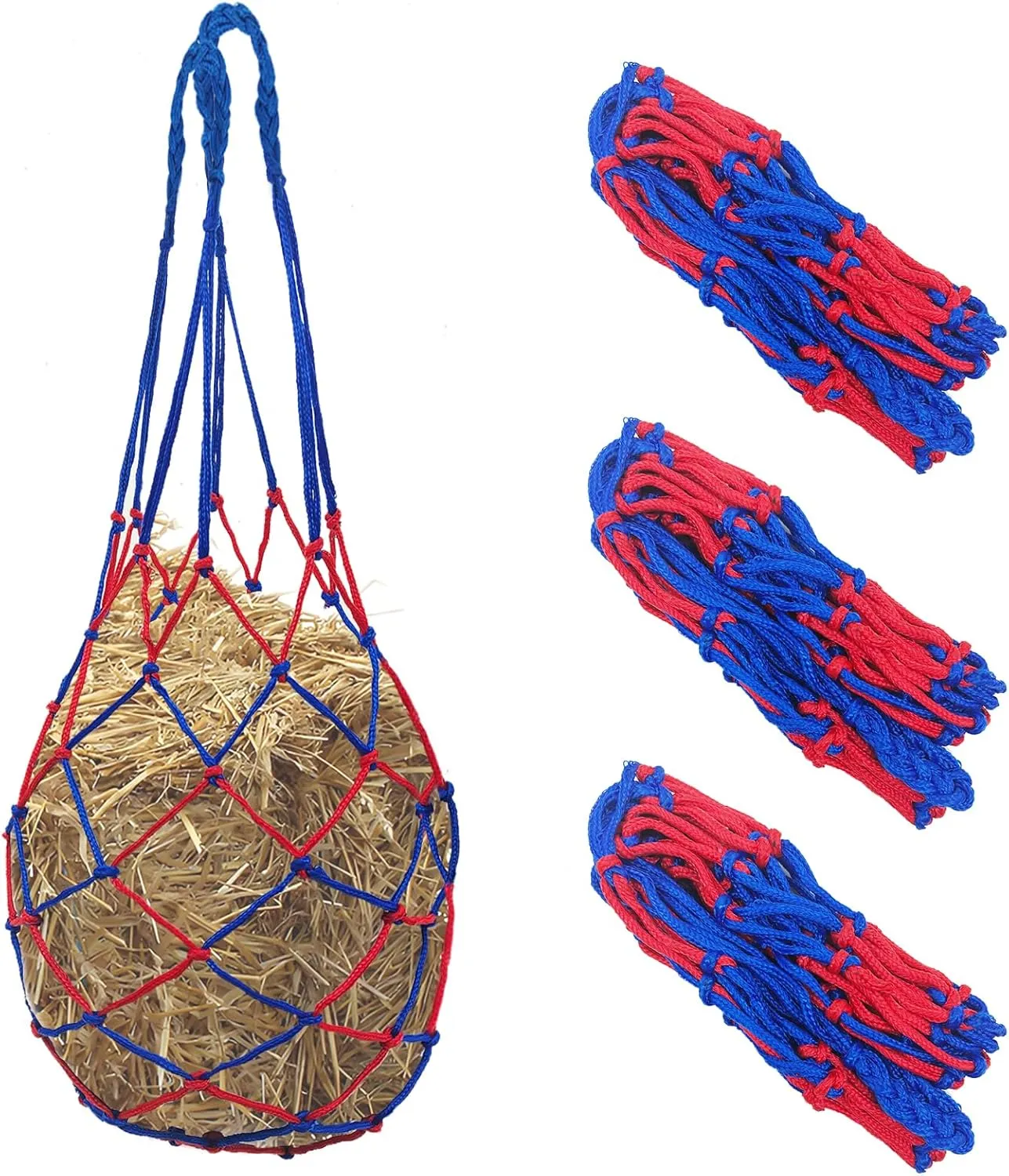 3 PCS Slow Feed Hay Bag Hay Net for Horses,Goats,Sheep,Donkey 33 Inch Length with 3 x 3”Mesh Holes Livestock Supplies Hanging Hay Nets for Trailer and Stall (Blue Red)