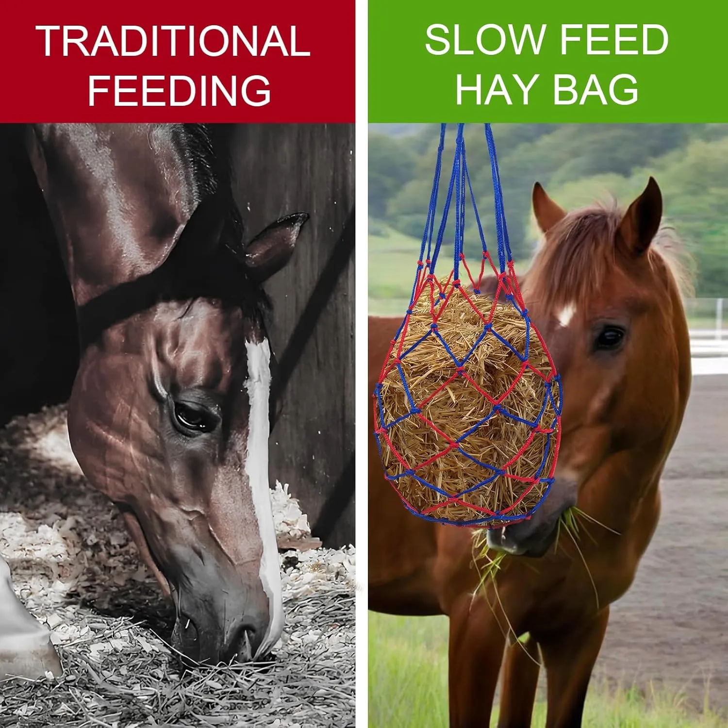 3 PCS Slow Feed Hay Bag Hay Net for Horses,Goats,Sheep,Donkey 33 Inch Length with 3 x 3”Mesh Holes Livestock Supplies Hanging Hay Nets for Trailer and Stall (Blue Red)