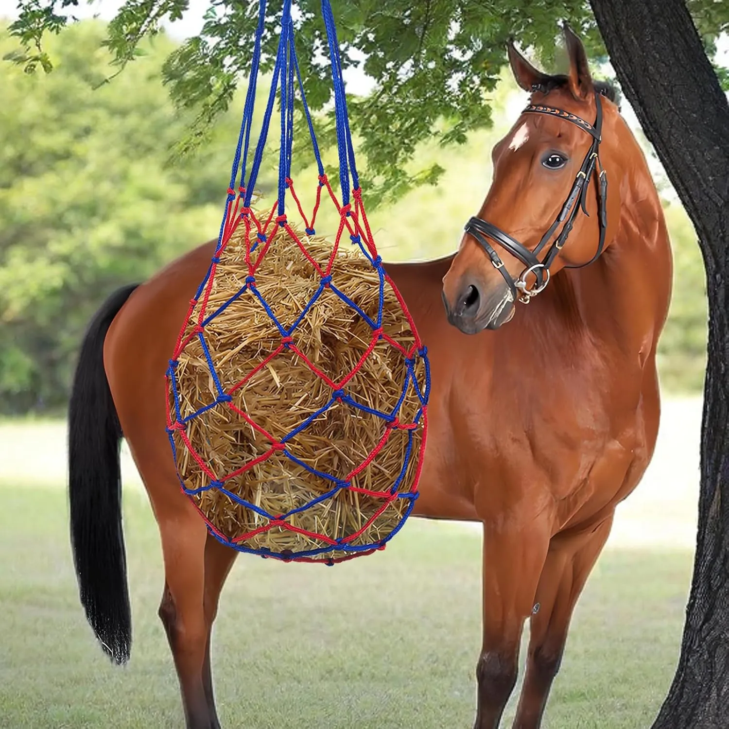 3 PCS Slow Feed Hay Bag Hay Net for Horses,Goats,Sheep,Donkey 33 Inch Length with 3 x 3”Mesh Holes Livestock Supplies Hanging Hay Nets for Trailer and Stall (Blue Red)