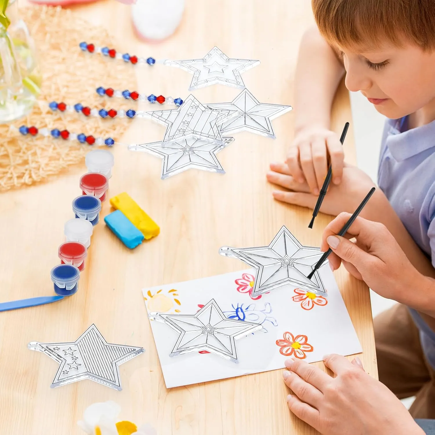 30 Sets Suncatchers Window Art Kits, DIY Sun Catchers Bulk Crafts Paint Your Own Window Ornaments for Boys Girls Classroom Home Party Birthday Activity Decor(Star Independence Day)