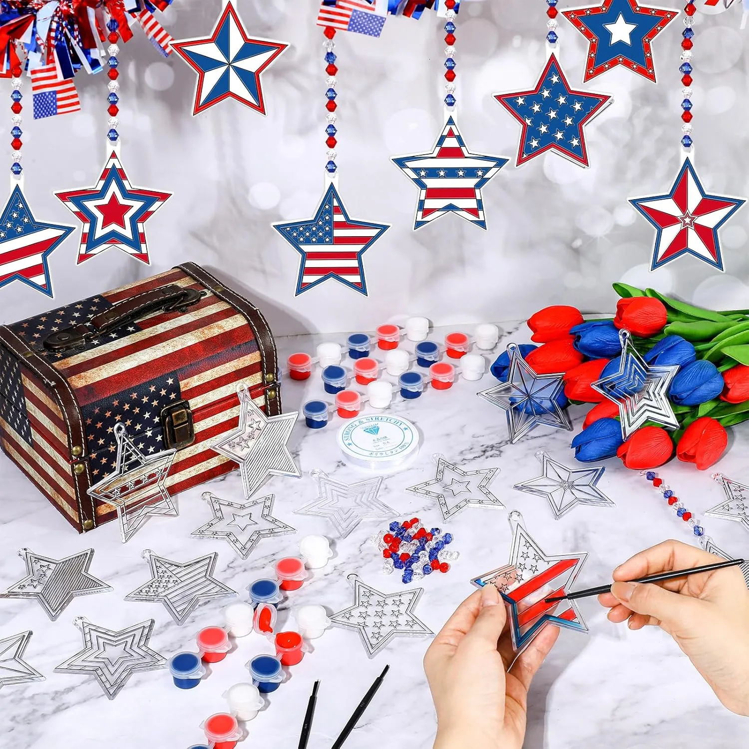 30 Sets Suncatchers Window Art Kits, DIY Sun Catchers Bulk Crafts Paint Your Own Window Ornaments for Boys Girls Classroom Home Party Birthday Activity Decor(Star Independence Day)
