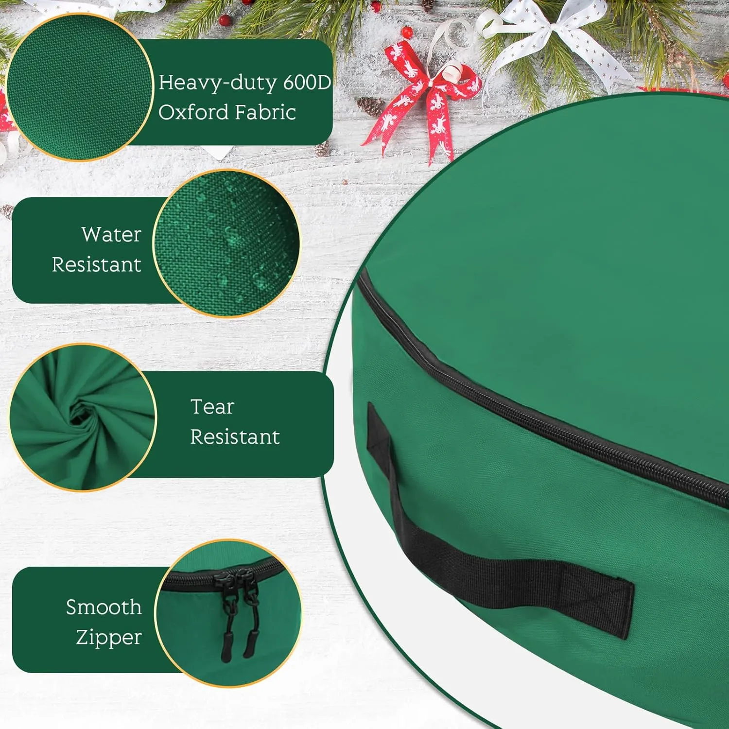 30" Wreath Storage Container- Tear Resistant 600D Oxford Christmas Wreath Storage Bag with Removable Inner Pocket, Reinforced Handle and Marker Card Slot for Holiday Xmas (Green,2pcs)