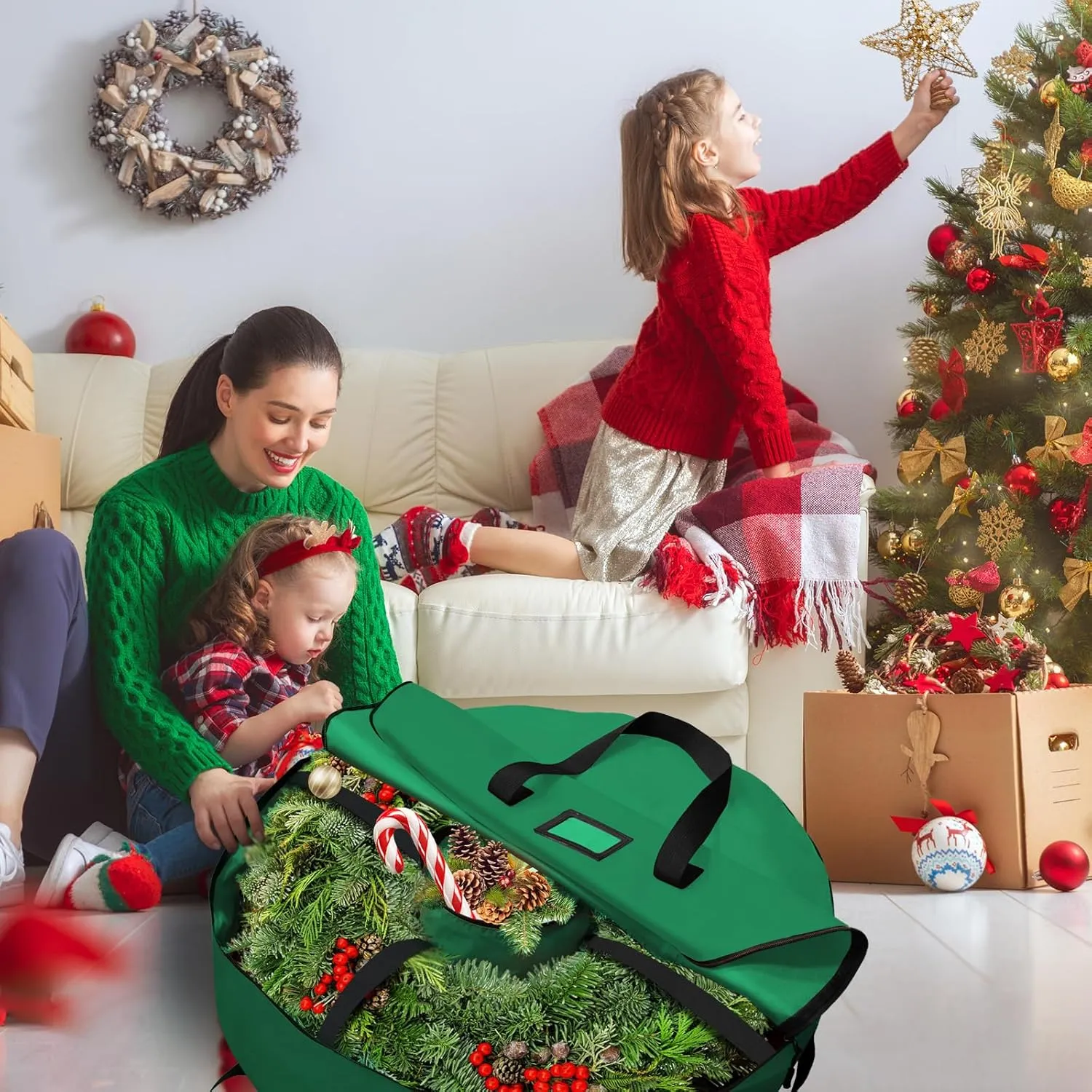 30" Wreath Storage Container- Tear Resistant 600D Oxford Christmas Wreath Storage Bag with Removable Inner Pocket, Reinforced Handle and Marker Card Slot for Holiday Xmas (Green,2pcs)