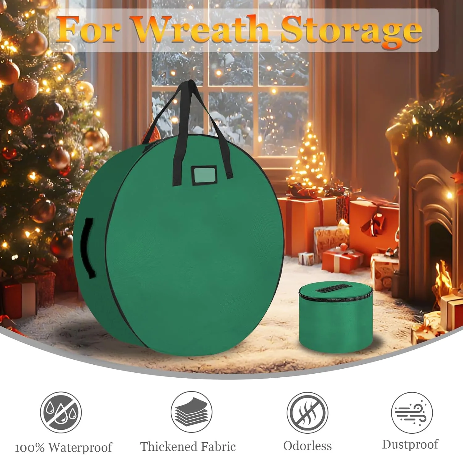 30" Wreath Storage Container- Tear Resistant 600D Oxford Christmas Wreath Storage Bag with Removable Inner Pocket, Reinforced Handle and Marker Card Slot for Holiday Xmas (Green,2pcs)