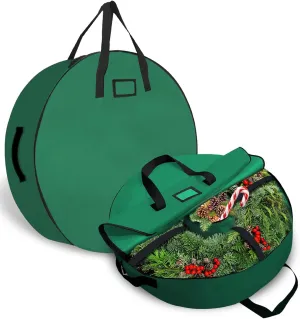 30" Wreath Storage Container- Tear Resistant 600D Oxford Christmas Wreath Storage Bag with Removable Inner Pocket, Reinforced Handle and Marker Card Slot for Holiday Xmas (Green,2pcs)