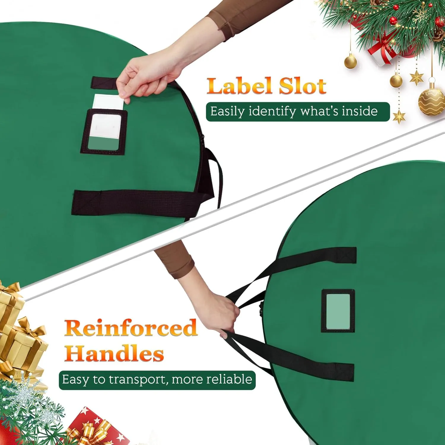 30" Wreath Storage Container- Tear Resistant 600D Oxford Christmas Wreath Storage Bag with Removable Inner Pocket, Reinforced Handle and Marker Card Slot for Holiday Xmas (Green,2pcs)