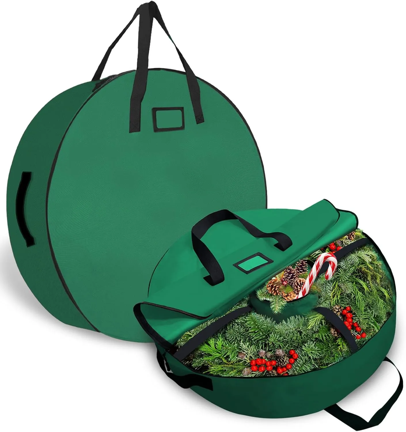 30" Wreath Storage Container- Tear Resistant 600D Oxford Christmas Wreath Storage Bag with Removable Inner Pocket, Reinforced Handle and Marker Card Slot for Holiday Xmas (Green,2pcs)