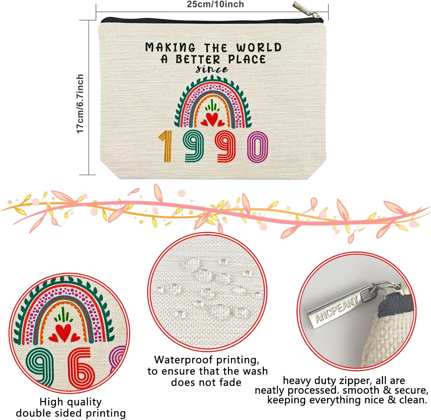 35th Birthday Gifts for Her Makeup Bags, 35th Birthday Decorations for Women, 1990 Anniversary 35 Year Old Gift Ideas for Wife, Sister, Best Friend Female, Mothers Day, Christmas Cosmetic Travel Bag