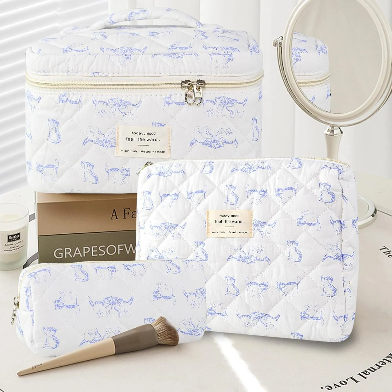 3Pcs Makeup Bag Cotton Quilted Travel Cosmetic Bag Cute Floral Makeup Pouch Large Toiletry Bag for Women Girls (Blue cat)