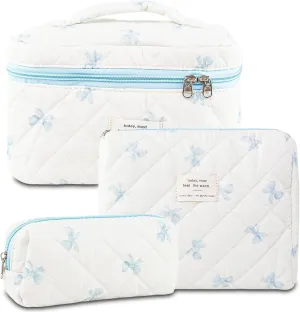 3Pcs Makeup Bag Cotton Quilted Travel Cosmetic Bag Cute Floral Makeup Pouch Large Toiletry Bag for Women Girls (Bow-Blue)